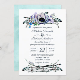 Invitación a Boho Moda Mint & Navy Floral Wedding