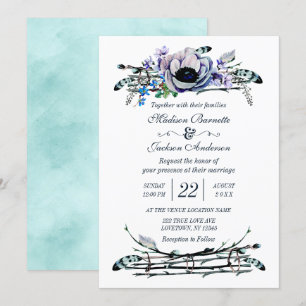 Invitación a Boho Moda Mint & Navy Floral Wedding