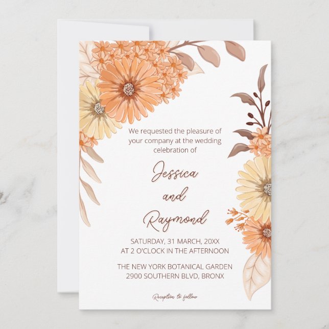 Invitación a Boho Naranja de Moda Floral Wedding (Anverso)