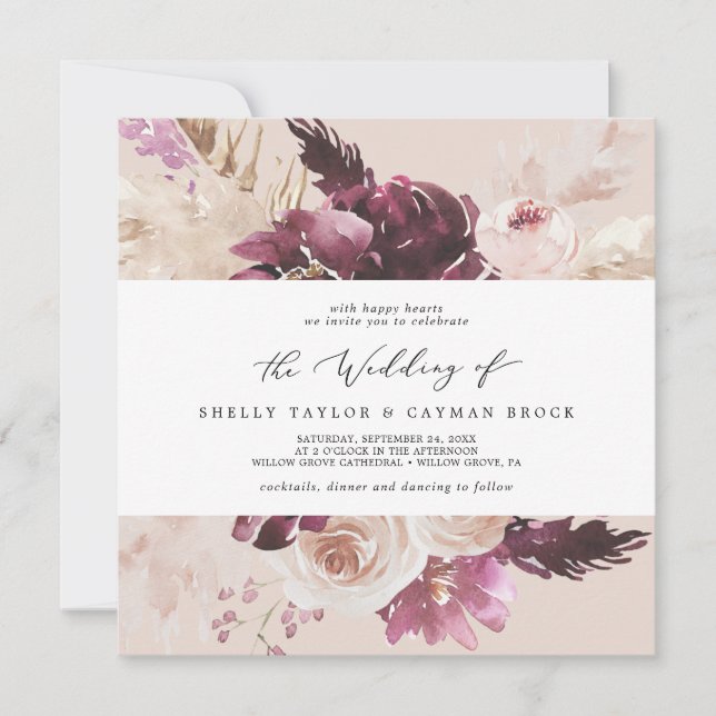 Invitación a Boho Pampas Grass Peach Square Weddin (Anverso)