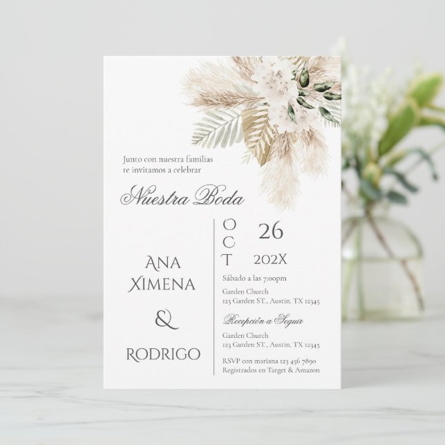Invitación a Boho Pampas para una boda de hierba (Anverso de pie)