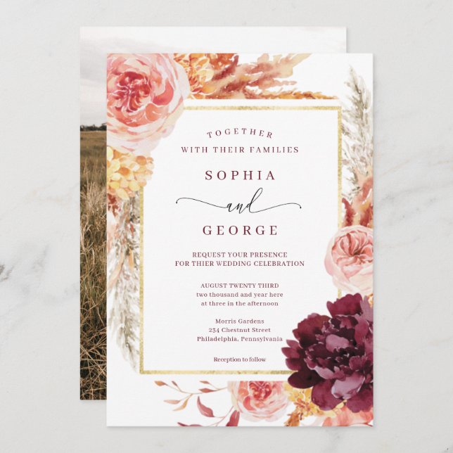 Invitación a Boho Pampas para una boda de hierba (Anverso / Reverso)