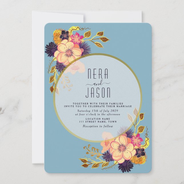 Invitación a Boho Peach Blue Floral Gold Wedding (Anverso)