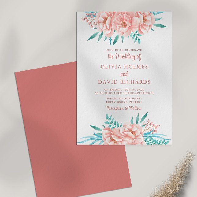 Invitación a Boho Peach y Pink Floral Wedding (Boho Peach and Pink Floral Wedding Invitation on white table.)