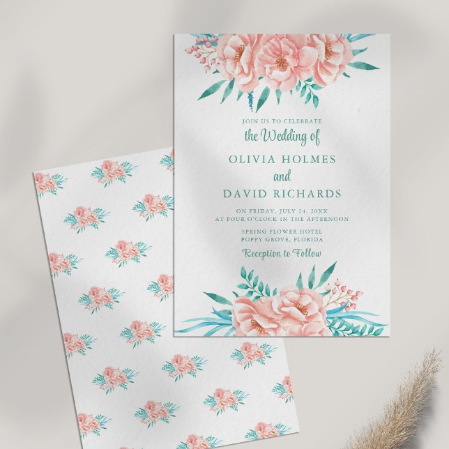 Invitación a Boho Peach y Turquoise Floral Wedding (Boho Peach and Turquoise Floral Wedding Invitation on white table.)