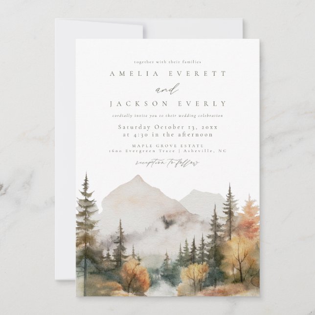 Invitación a Boho Watercolor Mountain Wedding (Anverso)