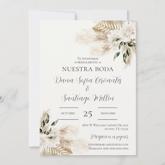 Invitación a Boho Wedding en español (Anverso)