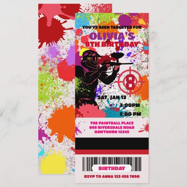Invitación a boletos de cumpleaños, Paintball (Anverso / Reverso)