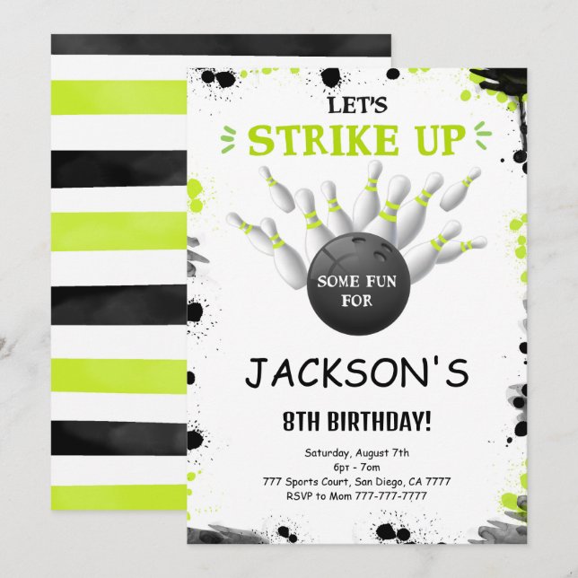 Invitación a boliche editable en negro (Anverso / Reverso)