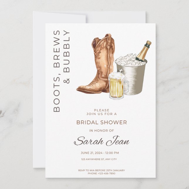 Invitación a boots, brews y burbuja de ducha de no (Anverso)