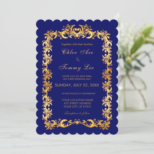 Invitación a borde dorado azul boda (Anverso de pie)