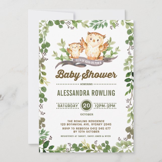 Invitación a bosque de Owl Baby Shower Woodland Gr (Anverso)