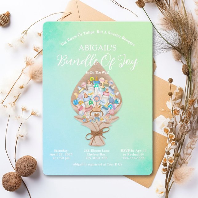 Invitación a Bouquet Baby Shower (Join the celebration with this vibrant bouquet baby shower invitation.)
