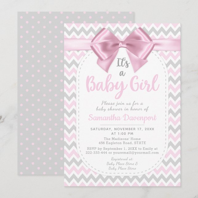 Invitación a Bow del Chica Baby Shower Chevron Ros (Anverso / Reverso)