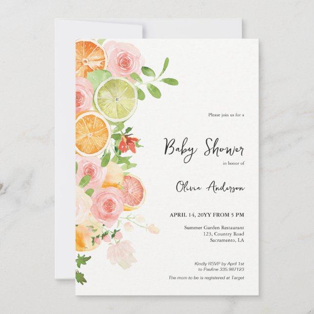Invitación a brunch Baby Shower de verano cítricos (Anverso)