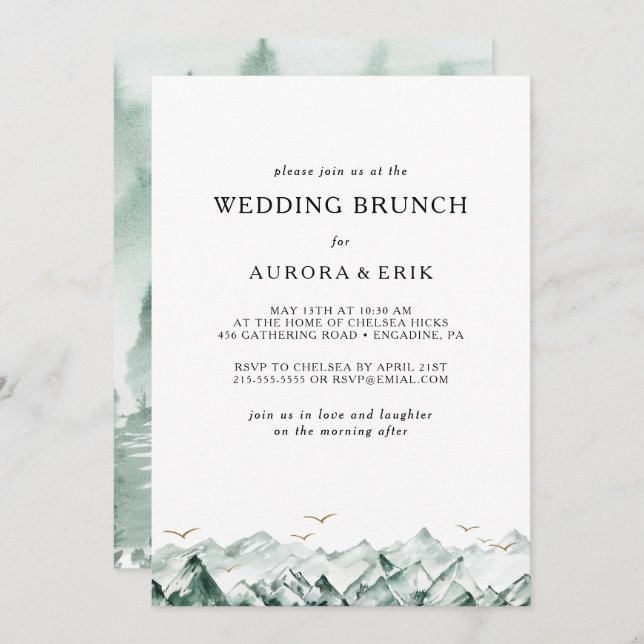 Invitación a brunch Boda de Montaña Verde y Oro (Anverso / Reverso)