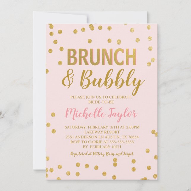 Invitación a Brunch & Bubbly | Rosa y Oro (Anverso)