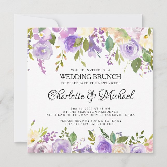 Invitación a brunch con Boda post morado y crema (Anverso)