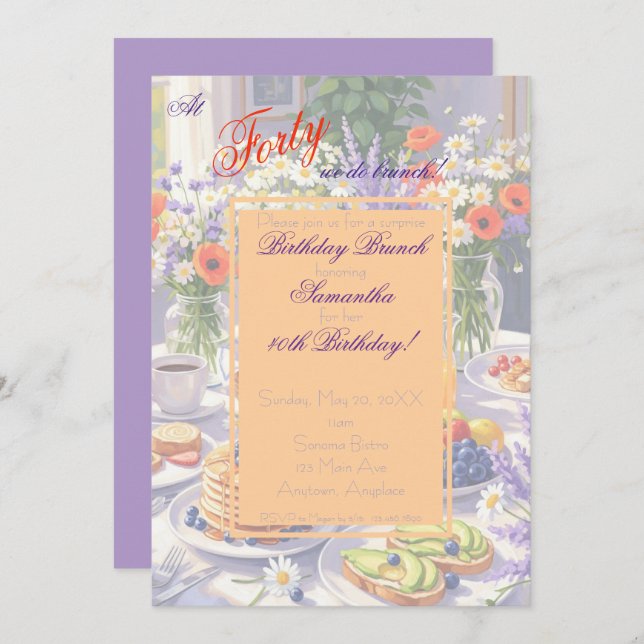 Invitación a brunch con cumpleaños floral (Anverso / Reverso)