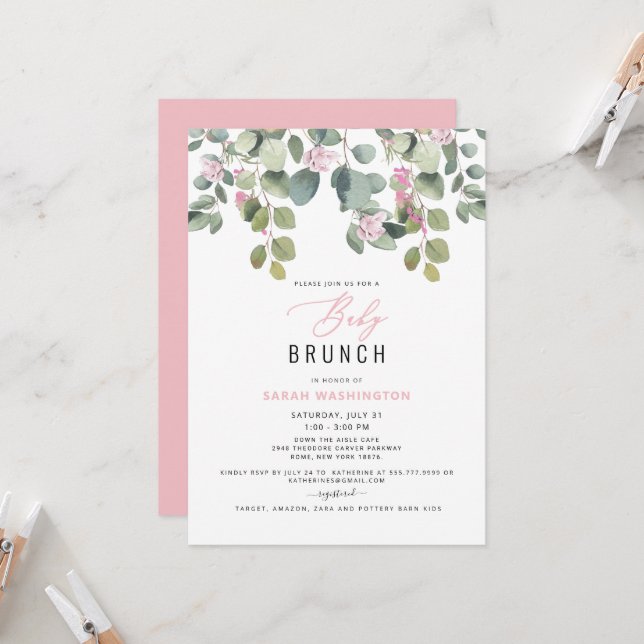 Invitación a brunch con eucalipto y moreno floral  (Anverso/Reverso In Situ)