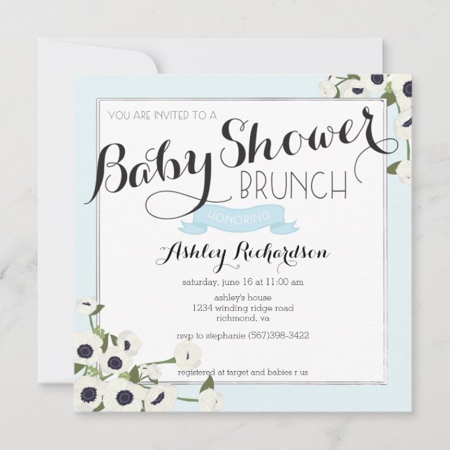 Invitación a brunch de Baby Shower azul (Anverso)