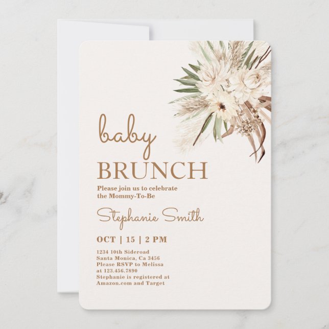 Invitación a brunch de Baby Shower con flores de B (Anverso)
