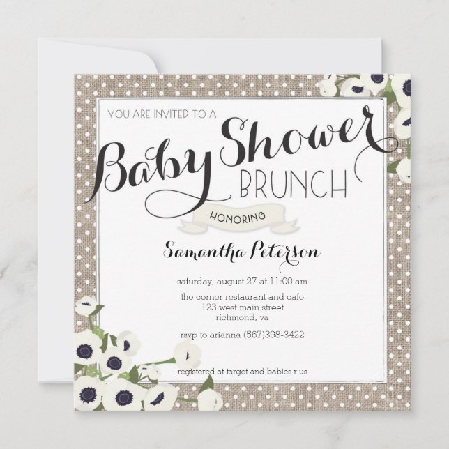 Invitación a brunch de Burlap Flowers Baby Shower (Anverso)