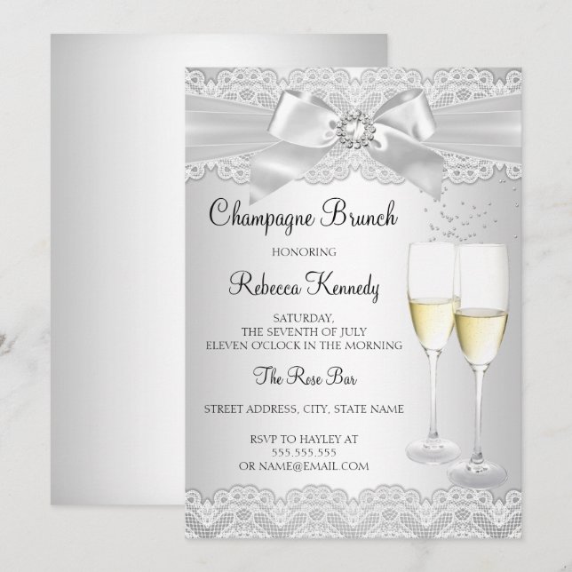 Invitación a Brunch de Champagne de Encaje Blanco  (Anverso / Reverso)