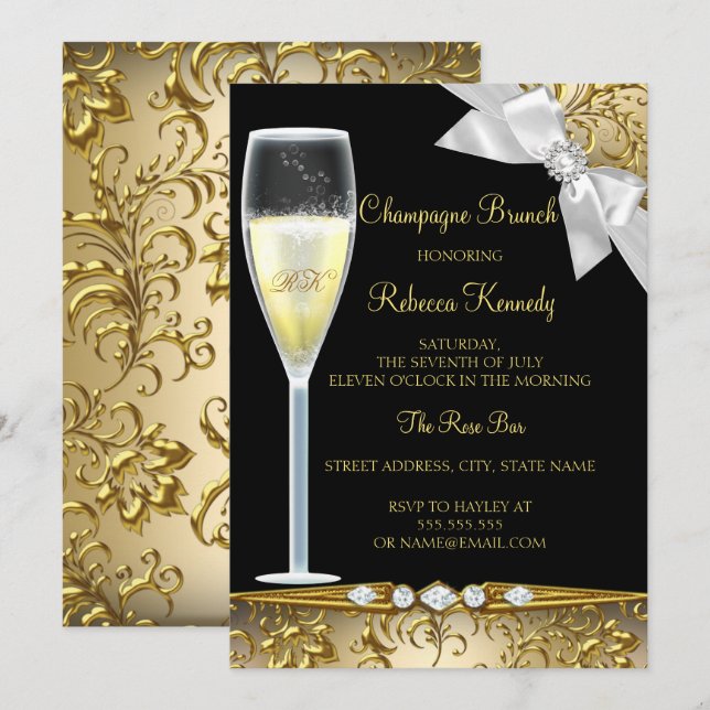 Invitación a Brunch de Champagne Elegante Negro Do (Anverso / Reverso)