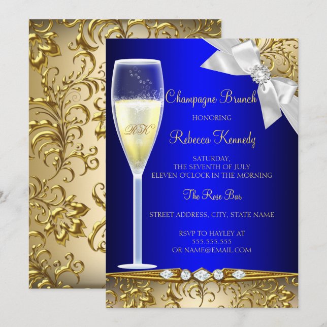 Invitación a Brunch de Champán Azul Dorado Blanco  (Anverso / Reverso)