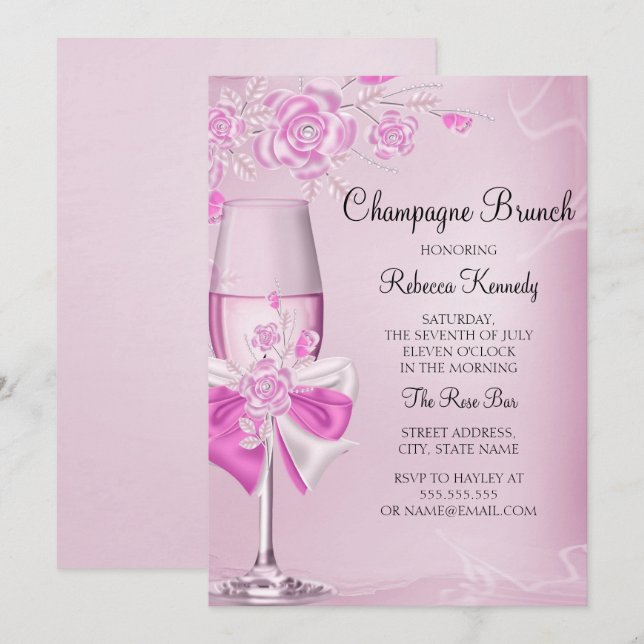 Invitación a Brunch de Champán Rosa Rosa Bonita (Anverso / Reverso)