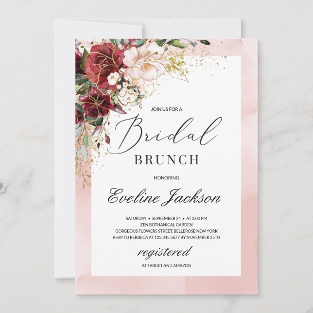 Invitación a brunch de novia floral rosa de Rubor  (Anverso)