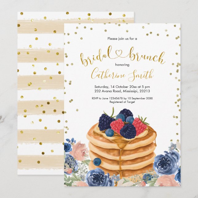 Invitación a brunch de novias con panqueque de oro (Anverso / Reverso)