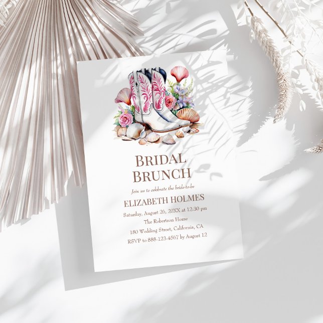 Invitación a brunch de novias de Boho Coastal Cowg (Boho Coastal Cowgirl Bridal Brunch Invitation on a sunny boho white table.)