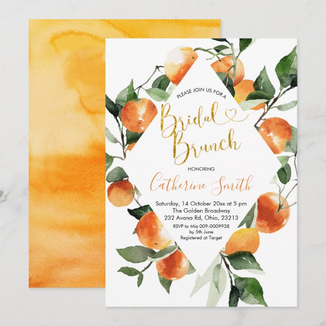 Invitación a brunch de novias de Citrus Naranja (Anverso / Reverso)