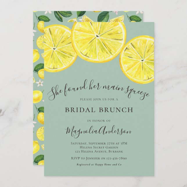 Invitación a brunch de novias de los lemones verde (Anverso / Reverso)