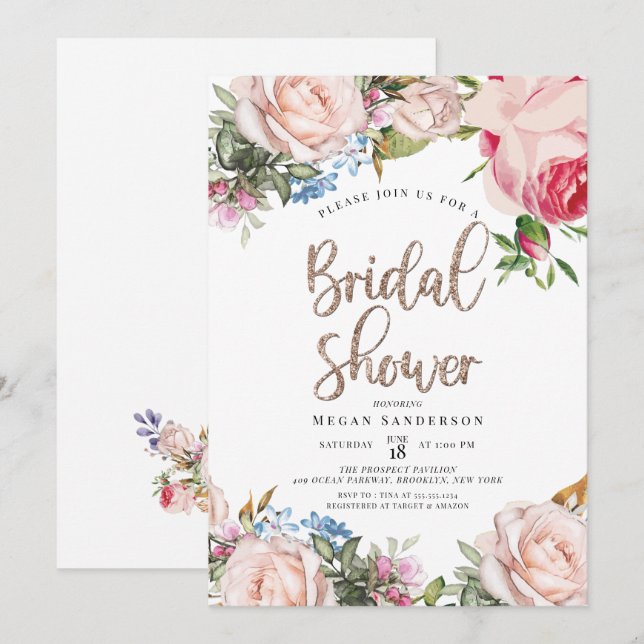 Invitación a brunch de novias doradas y florales (Anverso / Reverso)