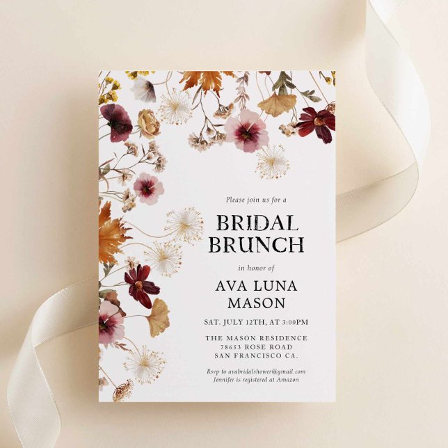 Invitación a brunch de novias florales de Borgoña  (Fall Burgundy Floral Bridal Brunch Invitation)
