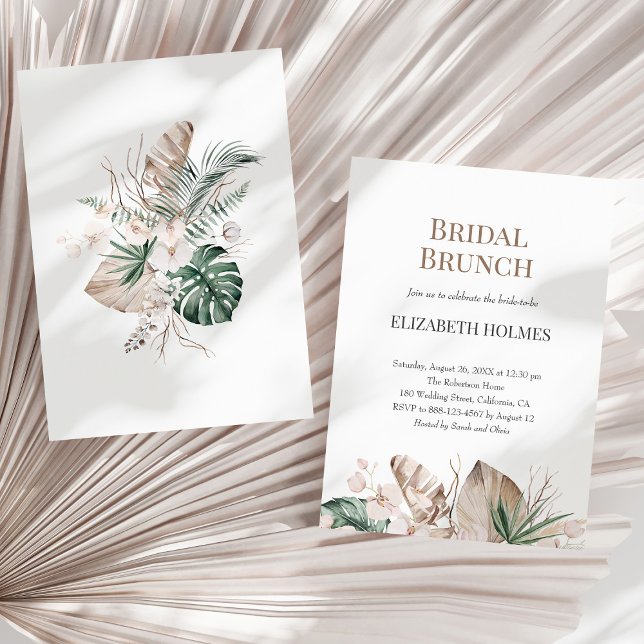 Invitación a brunch de novias para orquídeas tropi (Tropical Orchid Monstera Bridal Brunch Invitation on a sunny neutral dry palm leaf.)