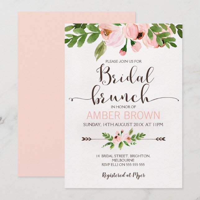 Invitación a brunch de novias para Rosas de acuare (Anverso / Reverso)