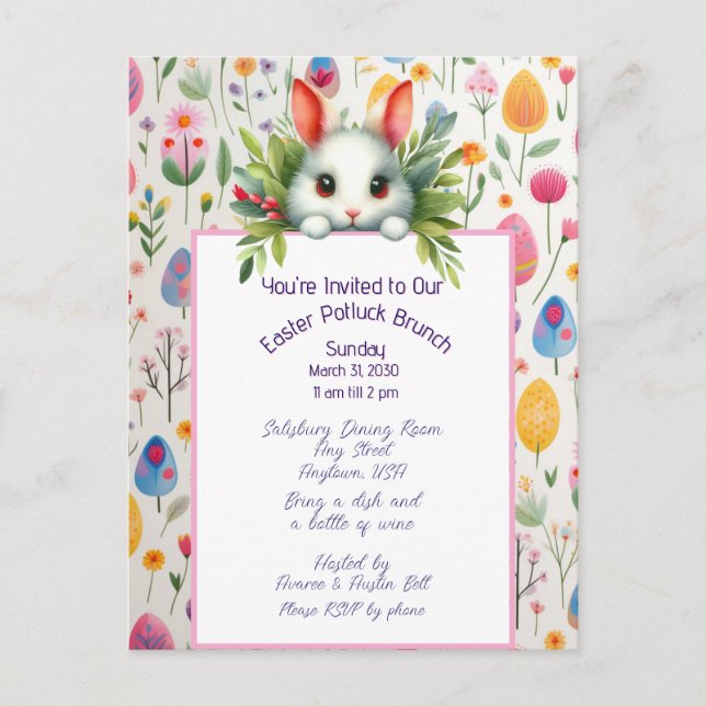 Invitación a Brunch de Pascua con Conejo y Huevos (Anverso)