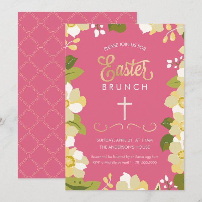 Invitación a Brunch de Pascua con flores y acentos (Anverso / Reverso)