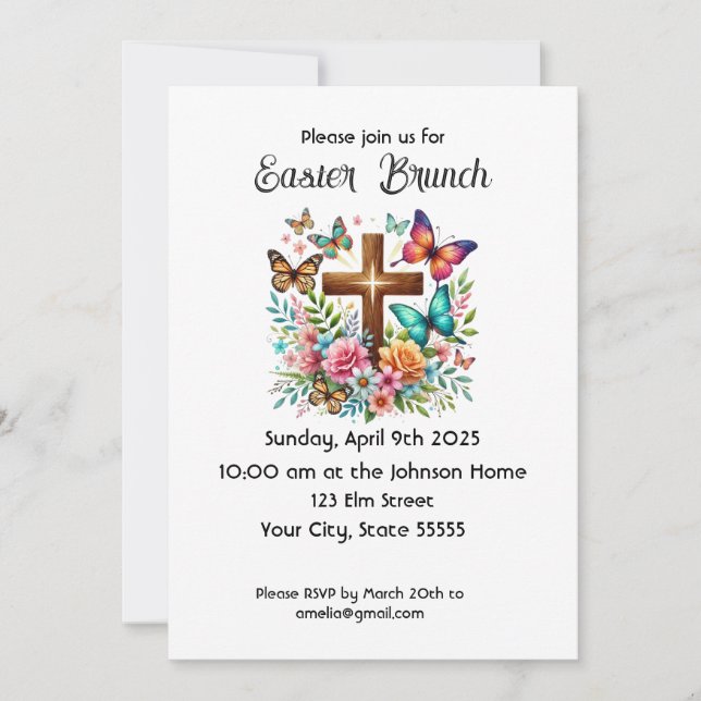 Invitación a Brunch de Pascua de Flores y Mariposa (Anverso)