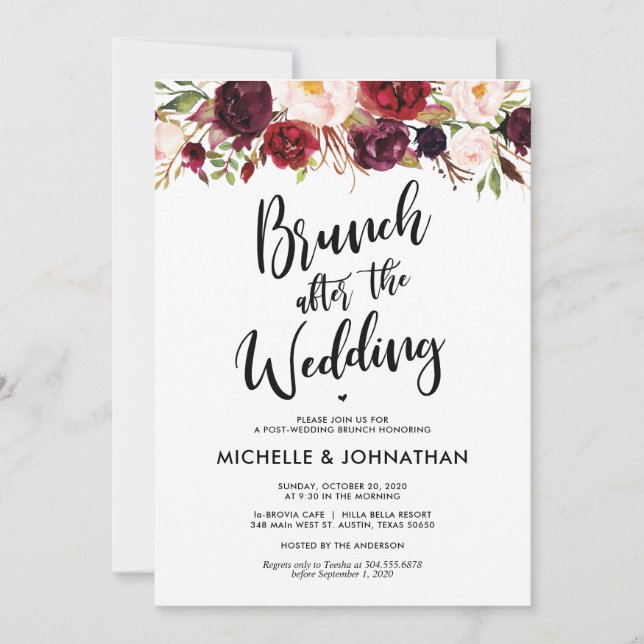 Invitación a Brunch del Boda Borgoña Floral Post (Anverso)