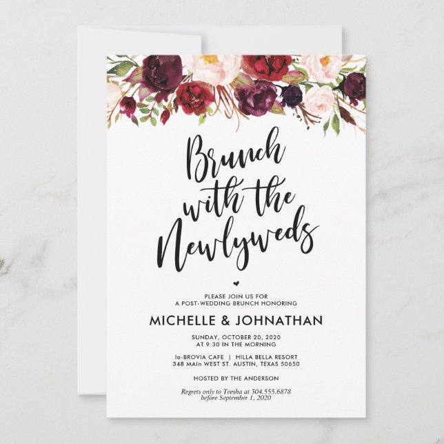 Invitación a Brunch del Boda Borgoña Floral Post (Anverso)