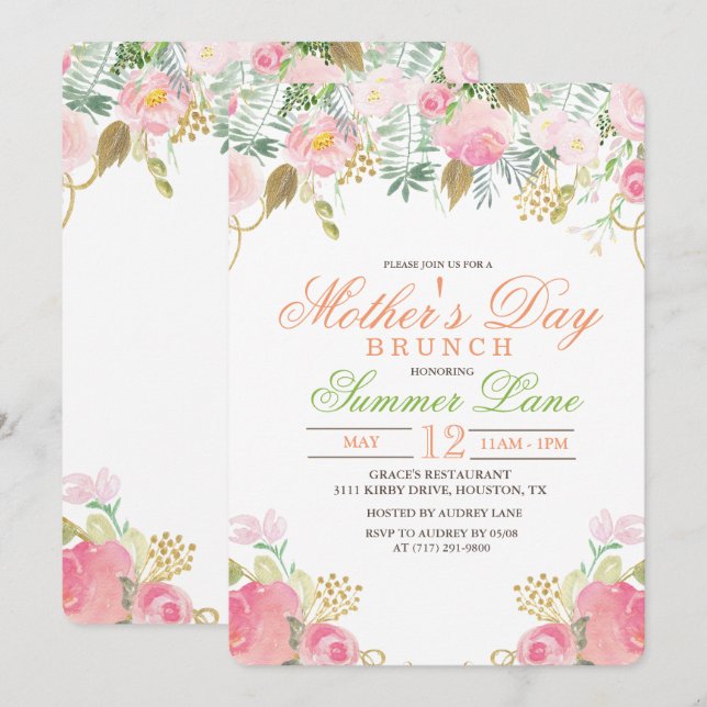 Invitación a brunch del Día de la Madre con acuare (Anverso / Reverso)
