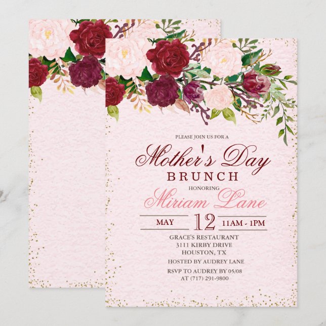 Invitación a Brunch del Día de la Madre Floral (Anverso / Reverso)