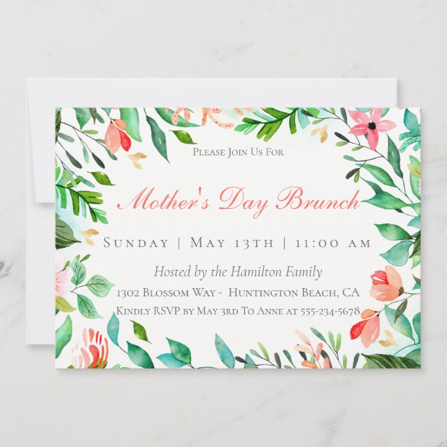 Invitación a Brunch del Día de la Madre Floral de  (Anverso)