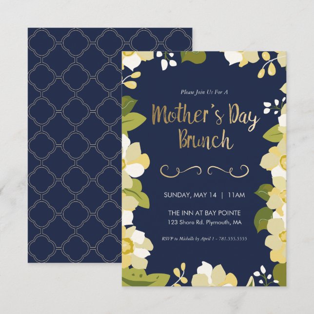 Invitación a Brunch el Día de la Madre, Floral con (Anverso / Reverso)