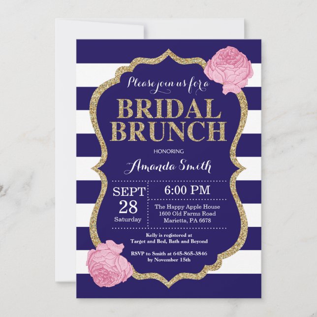 Invitación a brunch nupcial azul y oro de la marin (Anverso)